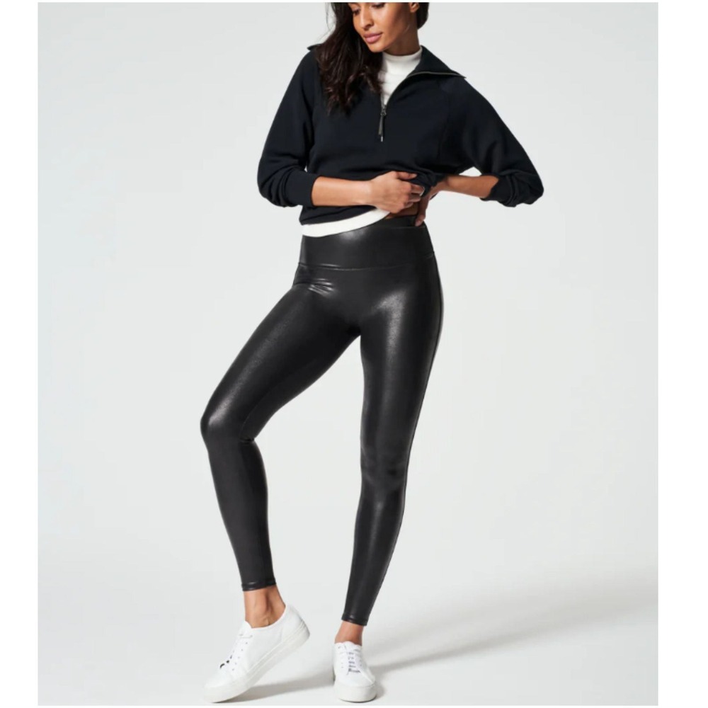 Spanx Faux Leather Leggings Womens XS Black High Waisted Compression 2437